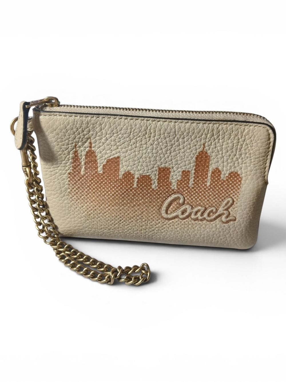 Coach Jennifer Lopez Pebbled  Leather Wristlet with Copper Skyline Print